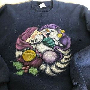 VTG Woman Sz Large Russell Sweatshirt Christmas Navy Blue Painted  Santa Snowman